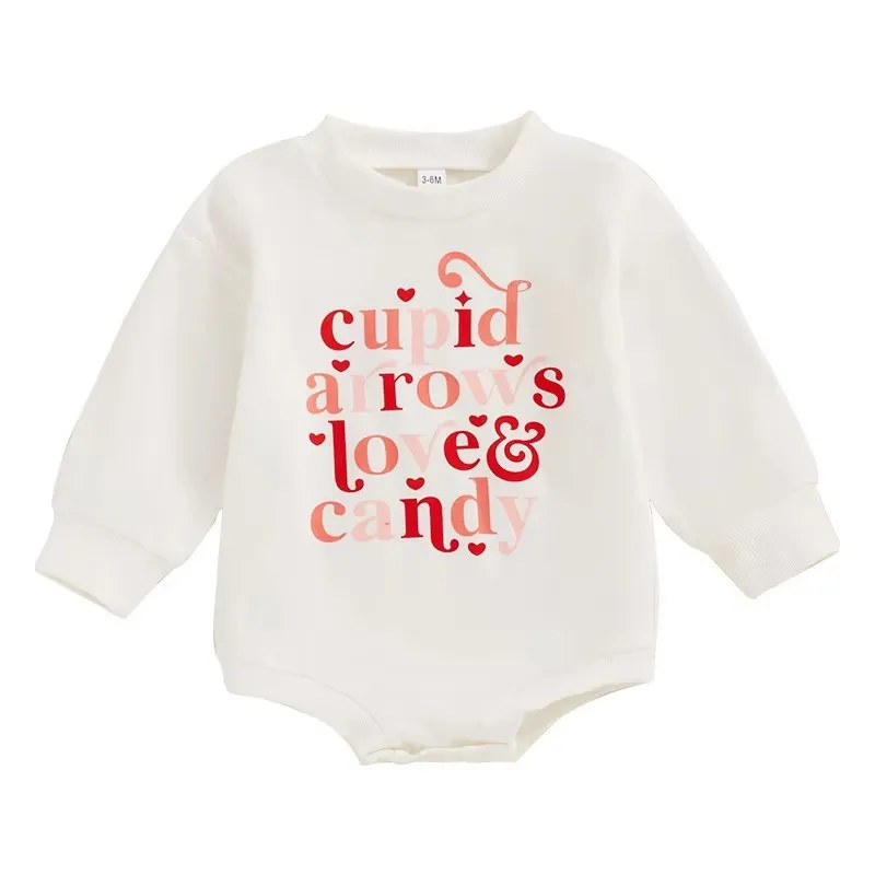 2025 Unisex Valentines Day Baby Clothes Sweatshirt Bubble Romper Cupid Arrows Love Candy Valentines Baby Boys Girls Romper