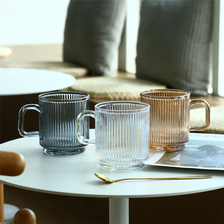 Simple Classical Vertical Striped Glass Reusable Coffee Cup Mug with Handle