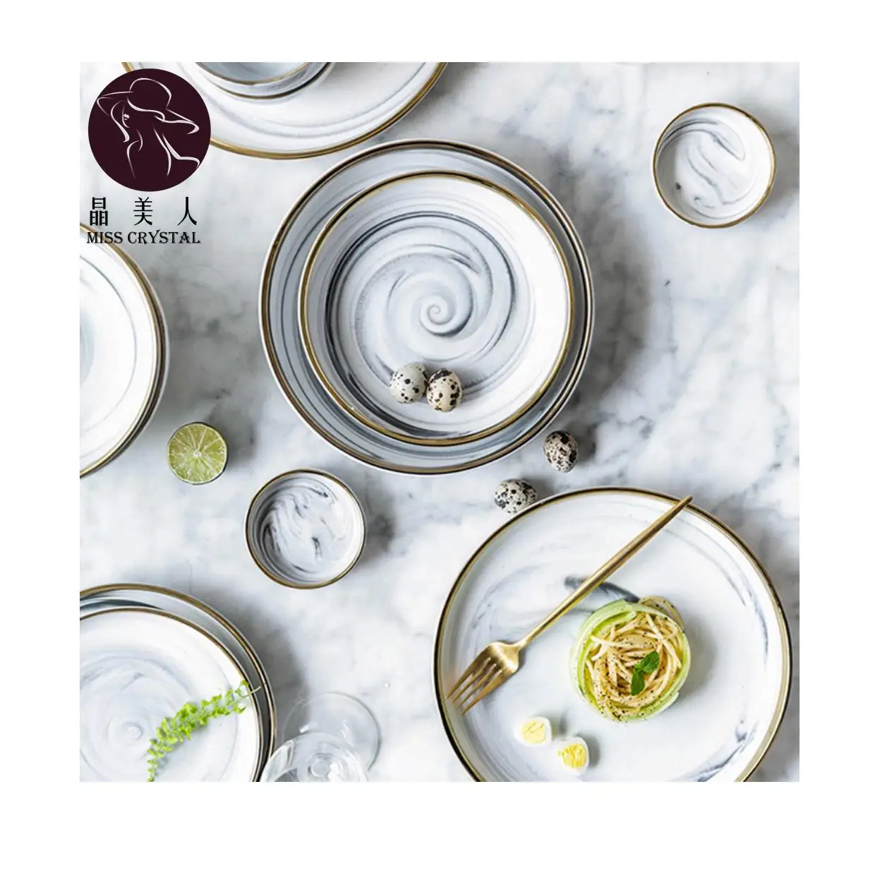 Ceramic Dinner Plates Set Dish Marble Design Steak Food Plate Salad Soup Bowl Dessert Cake Plate Dinnerware Set Restaurant Hotel