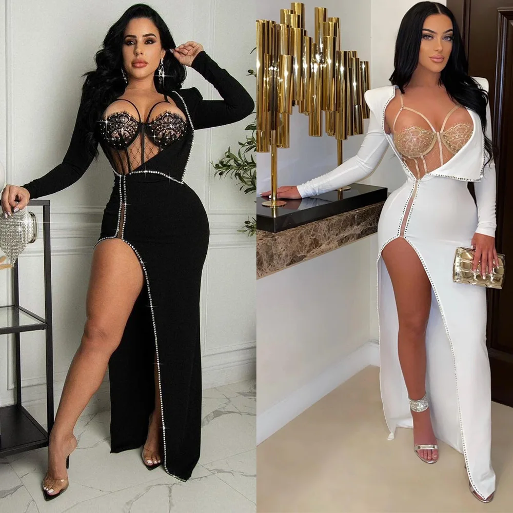 Women Long Sleeve Split Long Dress Elegant 2 Pieces Bodysuit and Outwear Dress Night Club Party Sexy Woman Dresses