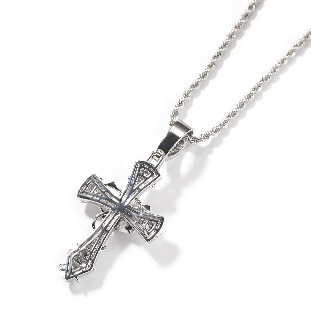 Hip Hop Fashion Jewelry Women Gold Plated CZ Cubic Zirconia Cross Charms Iced Out Bling Rose Cross Pendant Necklace