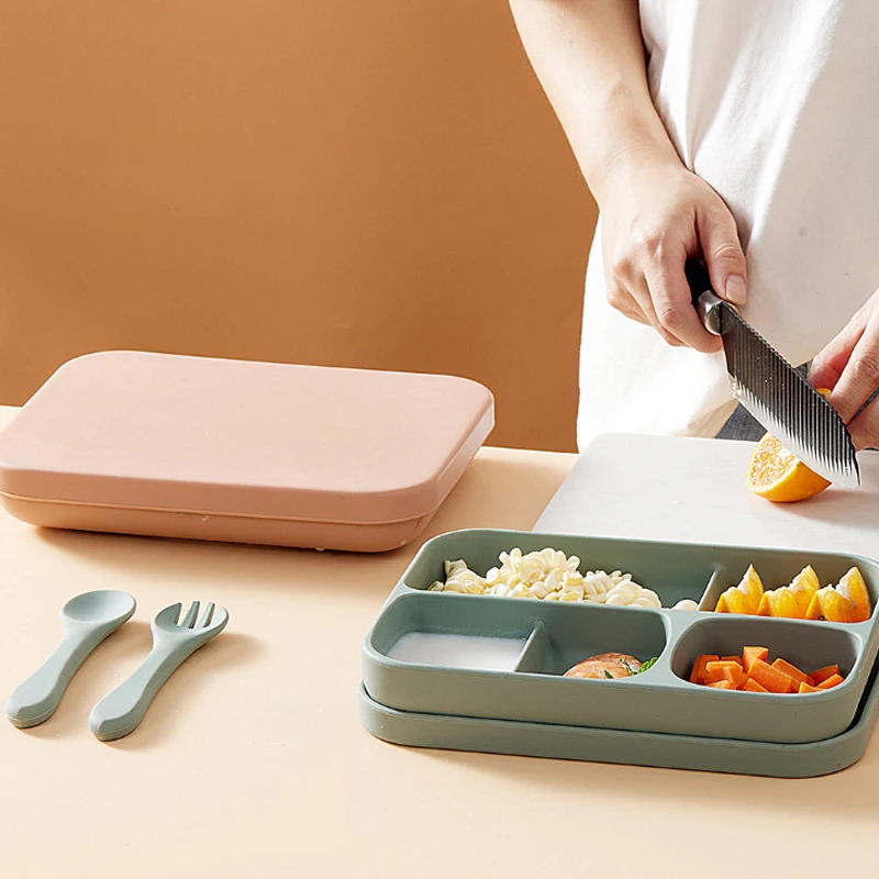 22 x 17cm Rectangular Partitioned Dinner Plate Baby Feeding Training Solid Food Bowl Silicone Snack Food Supplement Bowl