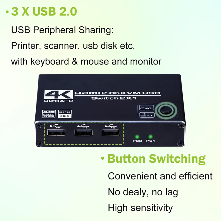  HDMI 2.0b KVM USB переключатель 2 порта компьютера совместное использование одного монитора 2x1 Ultra HD 4K @ 60 Гц