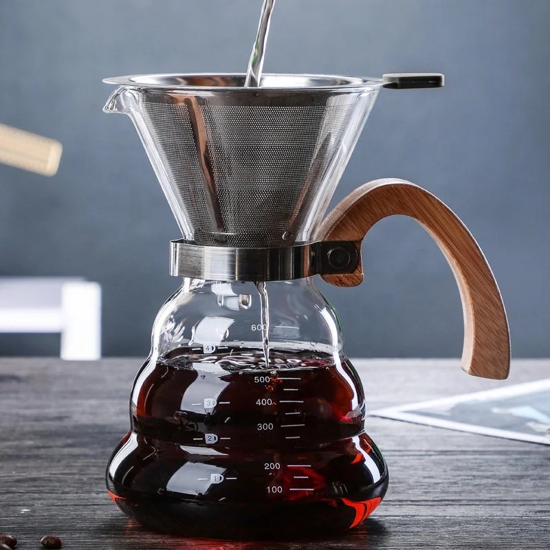 Hot Sale Coffee Glass Pot Coffee Drip Pot Borosilicate 2 cup 4 cup coffee pot With Wooden Handle And Stainless Steel Filter