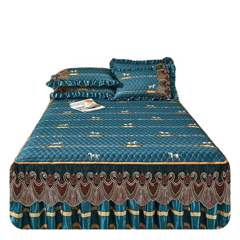 Lace Bedspread Bed Skirt Quilted Natural Latex Coverlet Non-Slip Bed Fitted Sheets Design-G 3PCS Bed Cover Set