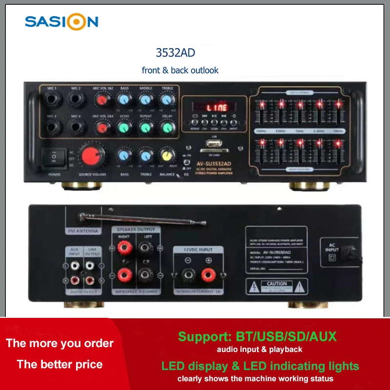 3532AD Mic echo/delay AC/DC power 10-band graphic equalizer digital karaoke amplifier support BT/USB/SD/AUX/FM radio/LED display