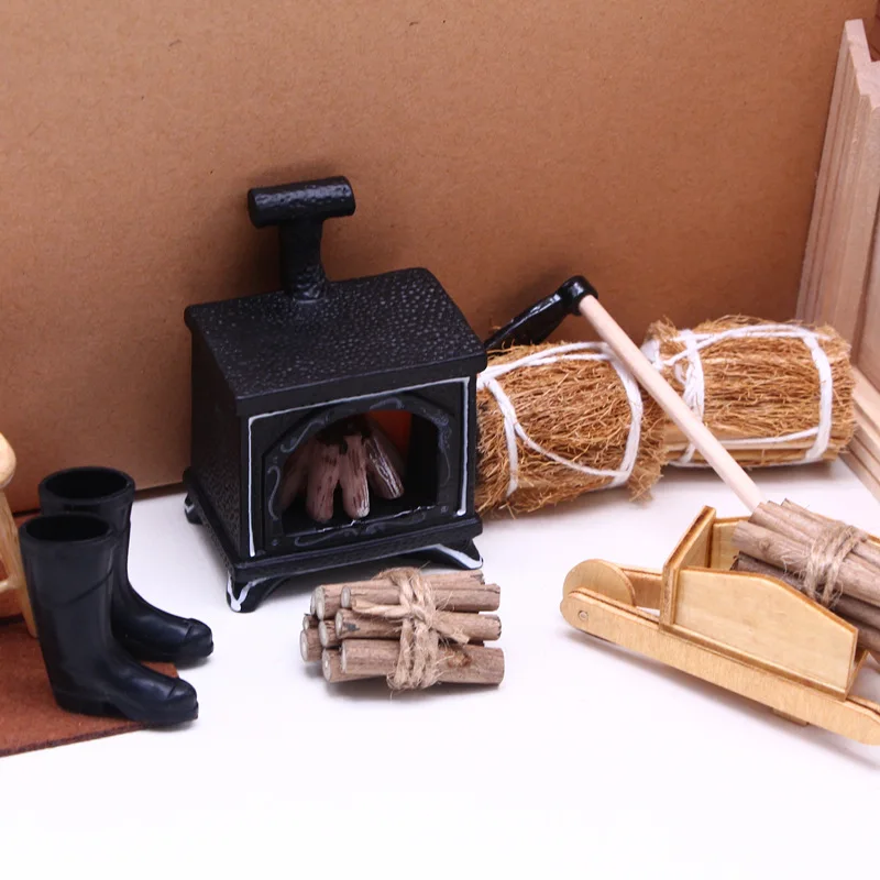Dollhouse Doll house firewood winter suit LED fireplace mini straw bag BJD mini trolley