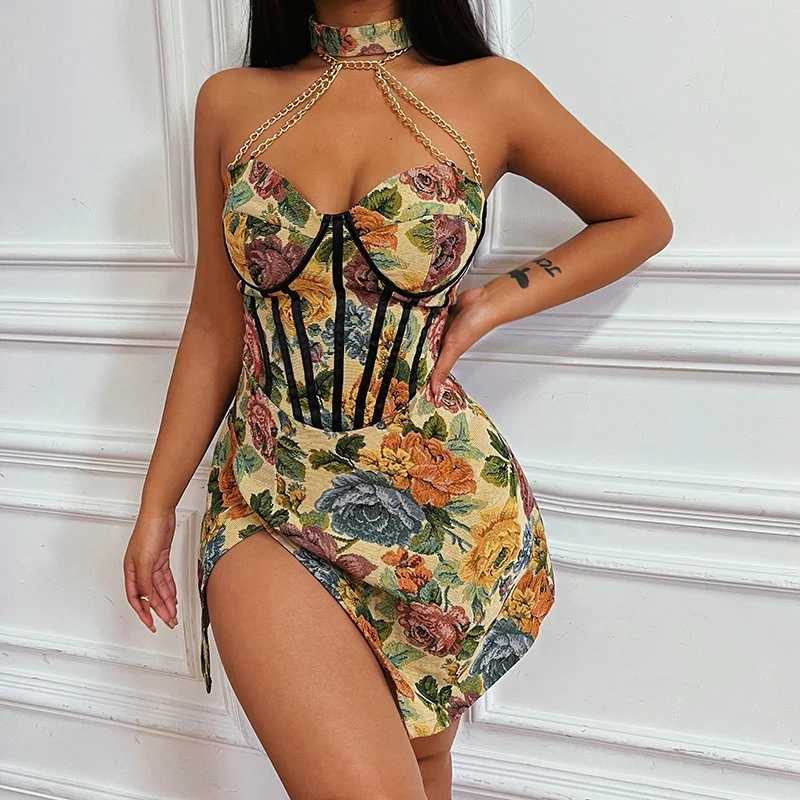 wholesale best price mini dress floral slit casual sleeveless party dresses women lady elegant casual dress