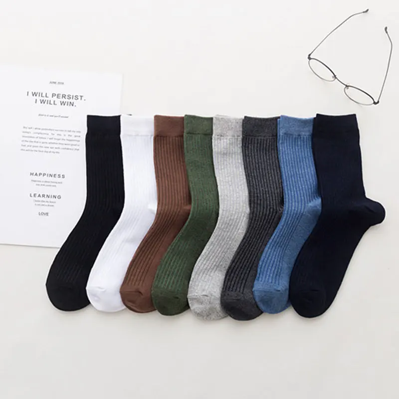 Solid Color Colorful Combed Cotton Striped Soft White Black Crew Dress Socks Men Crew Sport Socks