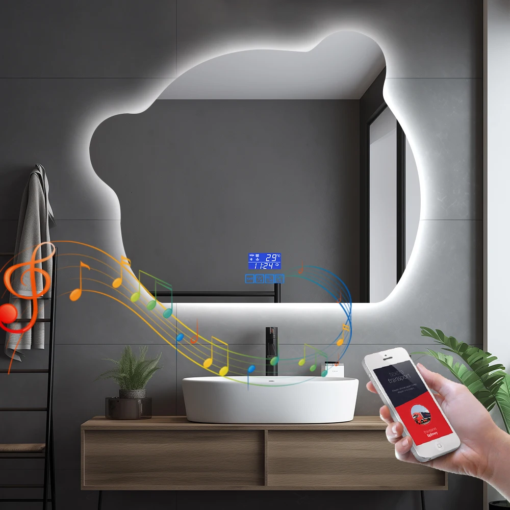 Irregular Bear-shaped Wall Dressing Mirror Led Light Touch Screen Dressing Mirror Smart Bathroom Mirror and Speaker