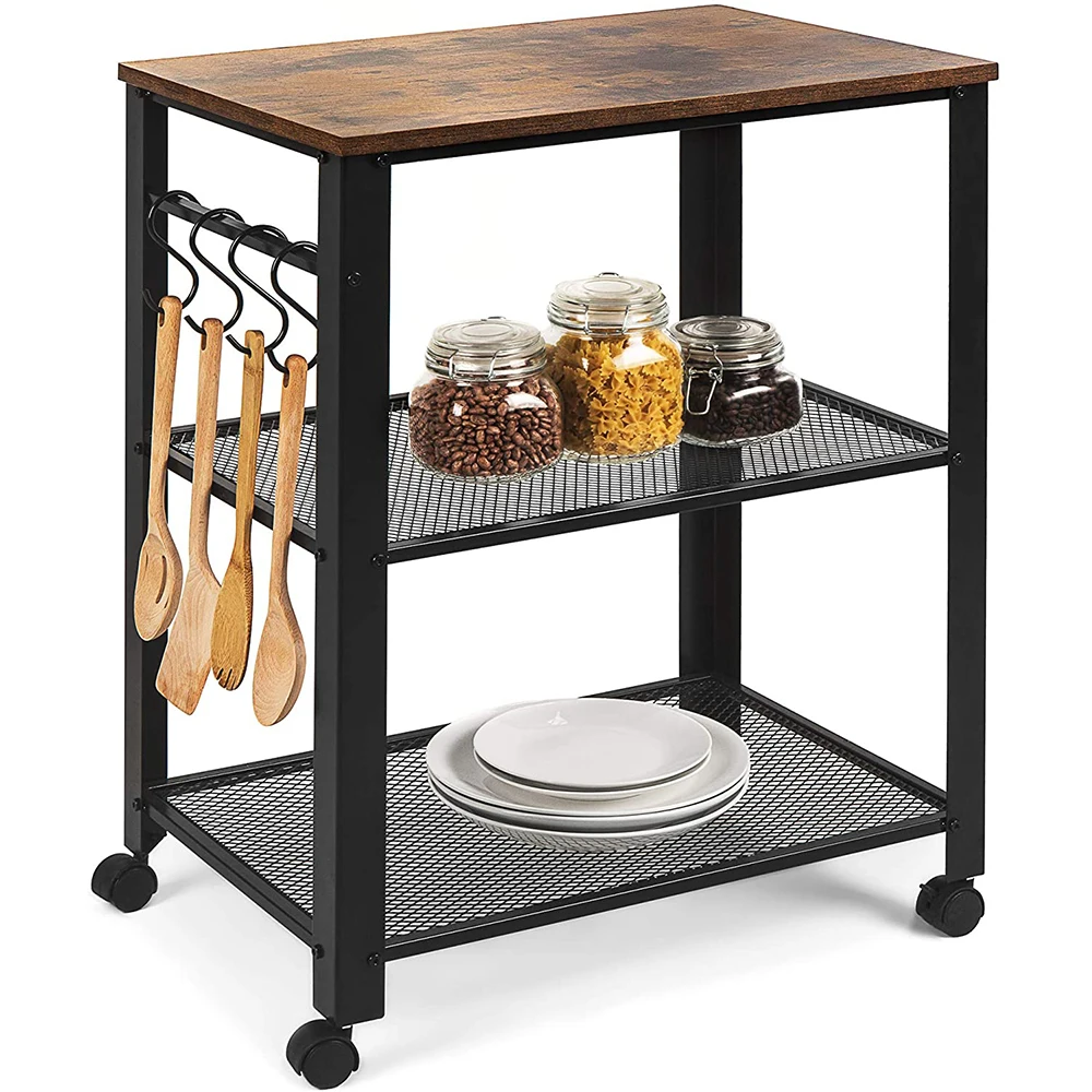 3 Tier Hotel Kitchen Cart Trolley Wood Breakfast Serving Tray With Wheels And Storage Shelf