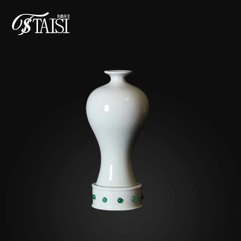 V262 antique Chinese jade green vase ice crack white blank Retro Decorative Table Vase for home decor