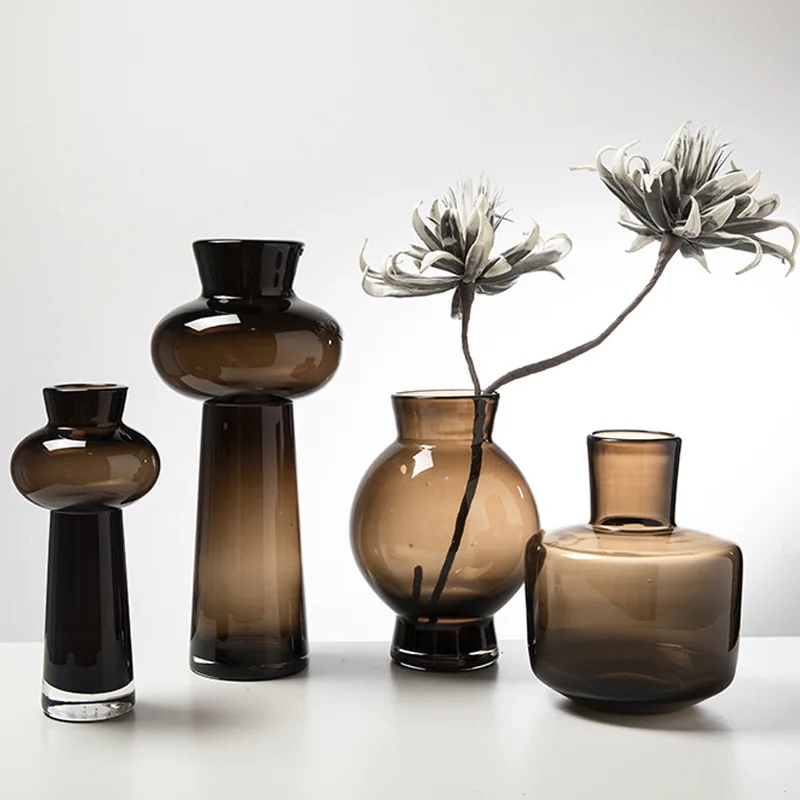 Modern Nordic Simple Restaurant Home Decor Tawny Glass Flower Tabletop Vase For Living Room Decor
