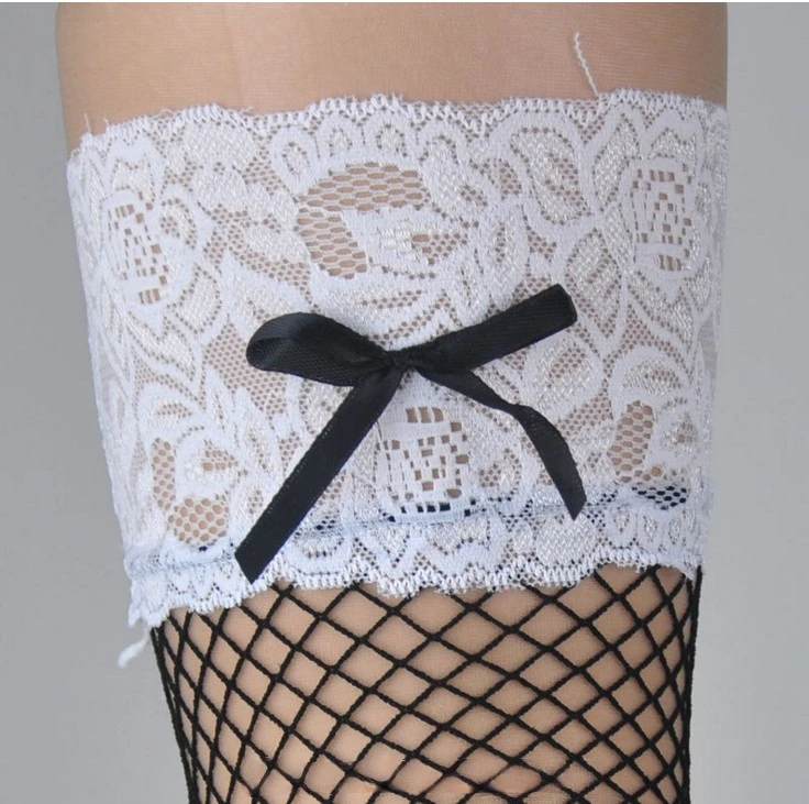 Women White Lace Top Hollow Fishnet Tights Stocking Lingerie