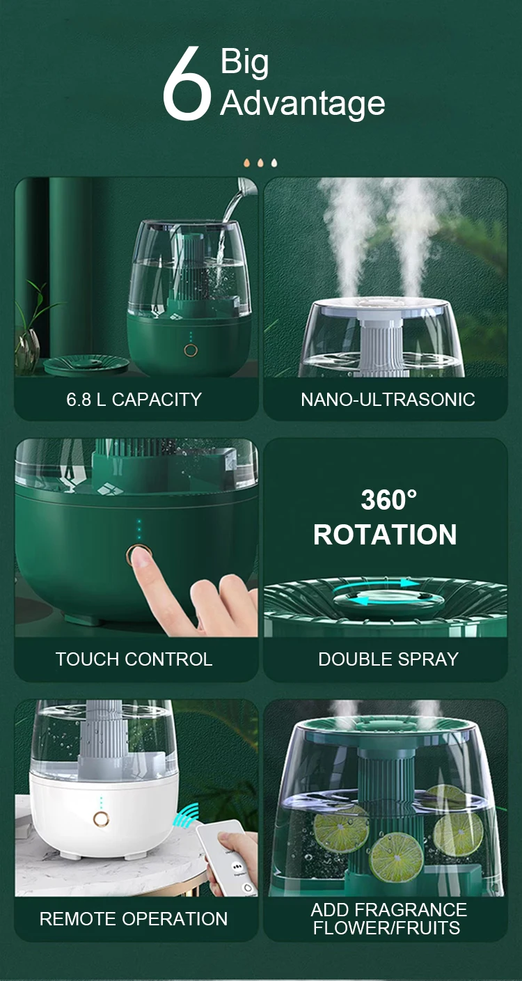 6.5L Dual Spray Humidifier Portable Air Mist Maker H2O Nano Mist  Large Water Tank Home use Ultrasonic Air Humidifier