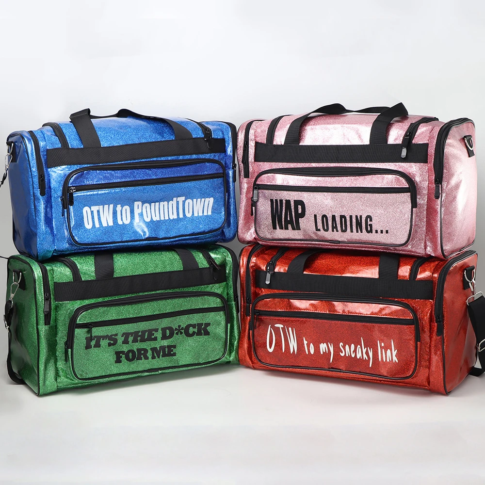 
LOW MOQ Custom Logo Girls Gym Bags Shinny PU Leather Designer Women Large Travel Duffle Overnight Bags 