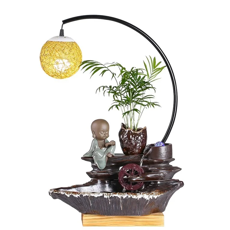 creative Flowing waterfall home decor ornament zen style resin water fountain with lantern for home decor