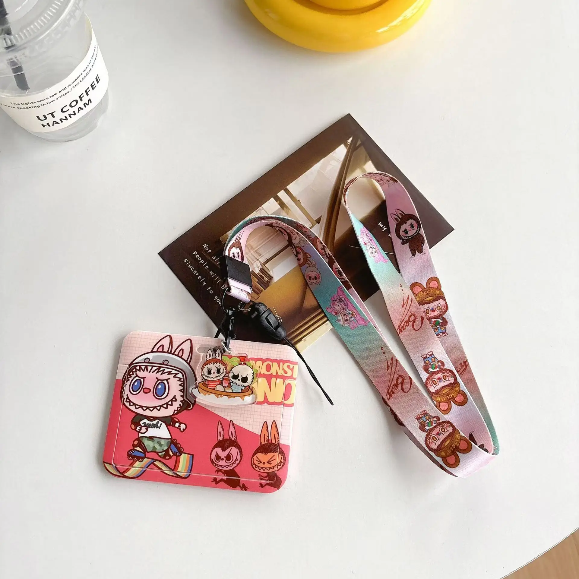 6 designs crosswise Anime labubu Campus Card Holder set Protective Sleeve Hanging Neck Rope Card Cute Campus Meal Card Lanyard