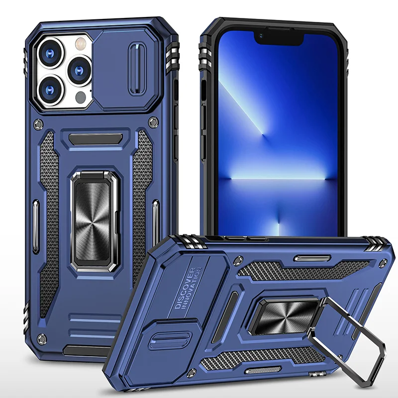 Slide camera cover military shockproof mobile phone case for iPhone 13 Pro Max folding stand car magnetic cover