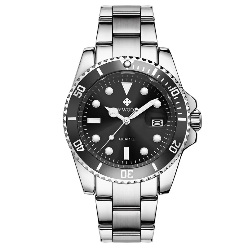 WWOOR 8878 Business Customized 3ATM Waterproof Mens Watches Black Stainless Steel Strap Quartz Wristwatches Sports Watches