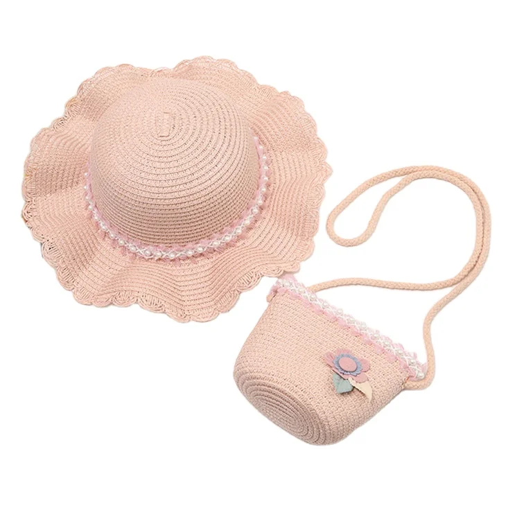 Customized Summer Wide Brim Kids Sun Beach Straw Bucket Bag and Hat Set with Pearl Baby Girl Hats From China Factory