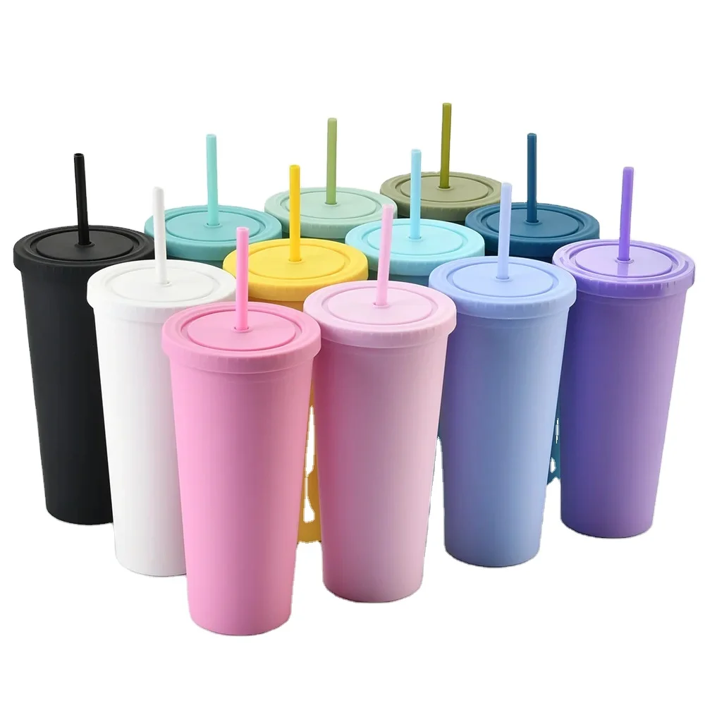 Solid Conical 24OZ Spot Large Capacity Water Cup Bottles Frosted Double Layer Plastic Straw Tumbler Portable Handy Cups with lid