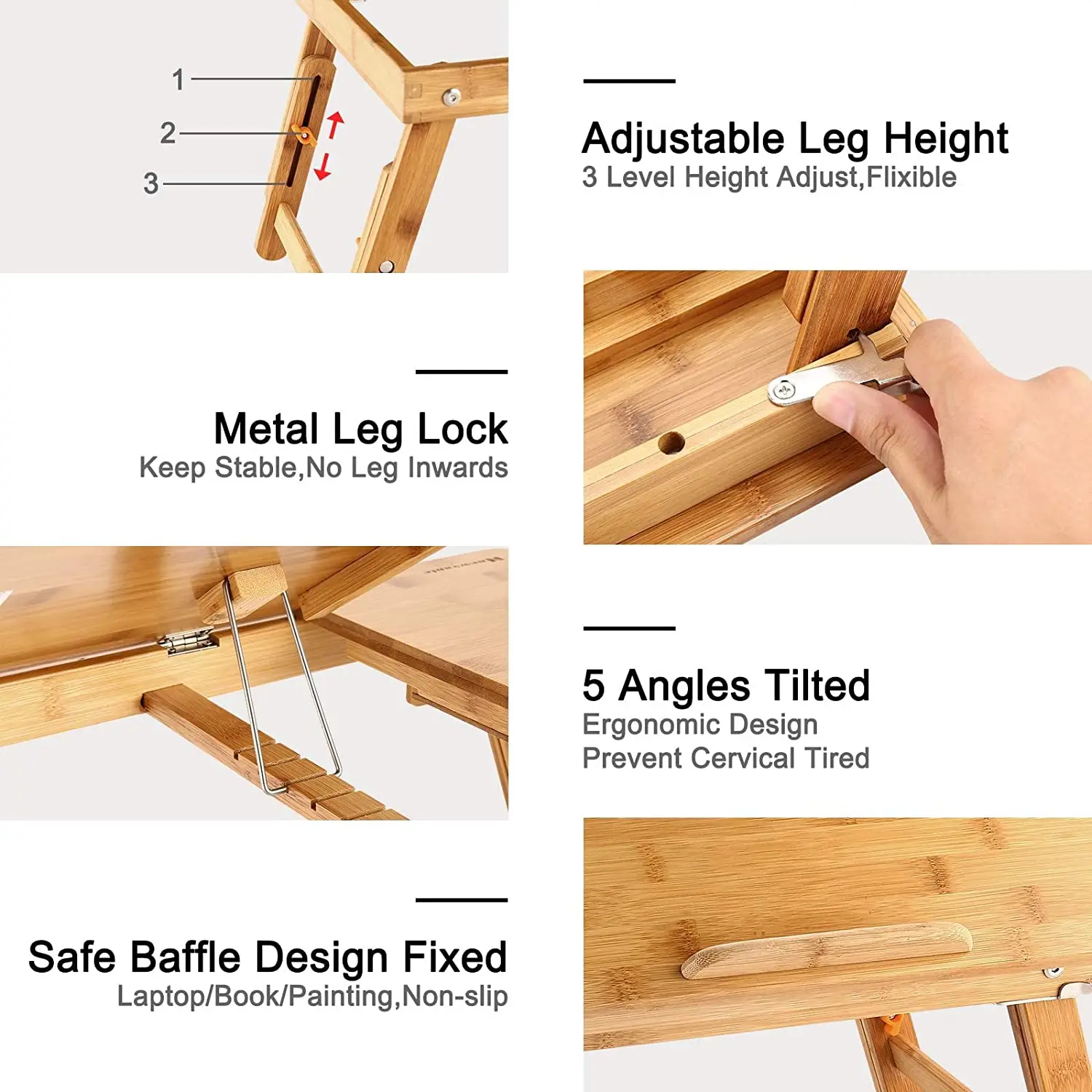 Multifunctional Folding Bamboo Study Laptop Table with Extendable Legs