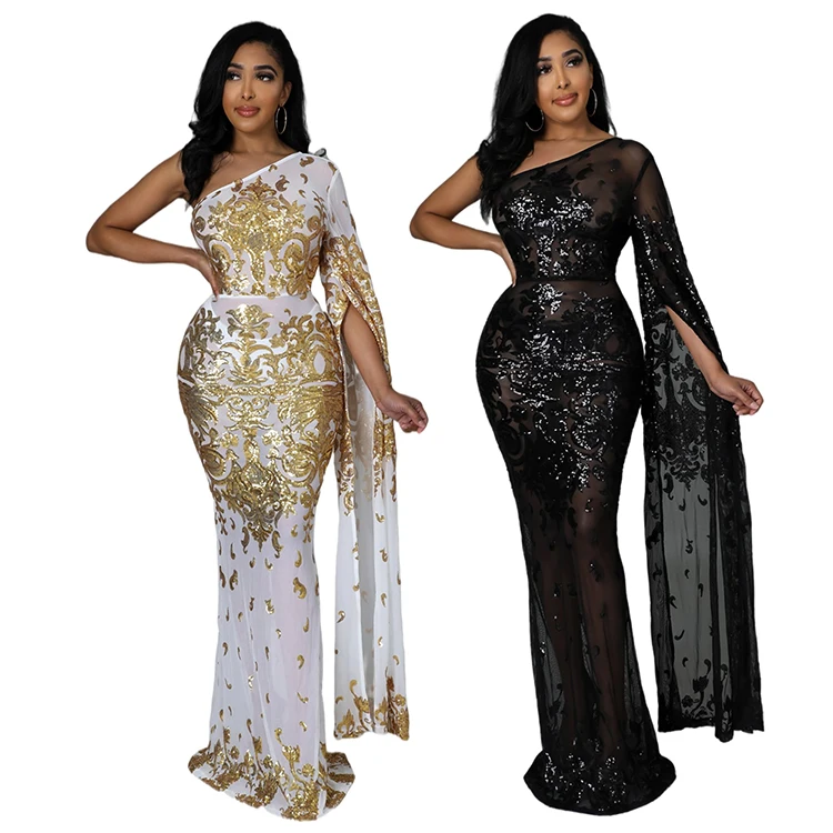 CY9571 Elegant Africa Femme Modest Evening Dresses One Shoulder Mesh Sequin Maxi Bridal Gowns Wedding Dress Vestido De Gala