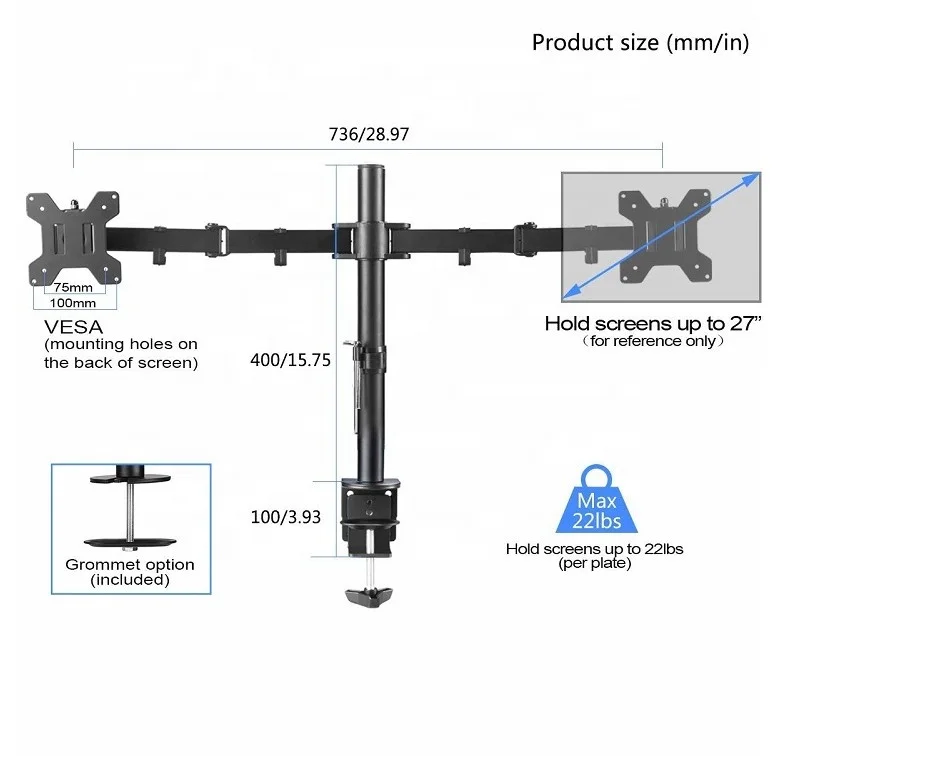 Double arms desk monitor mount desk top , 100x100 MM vesa lcd arm swivel OEM monitor mount