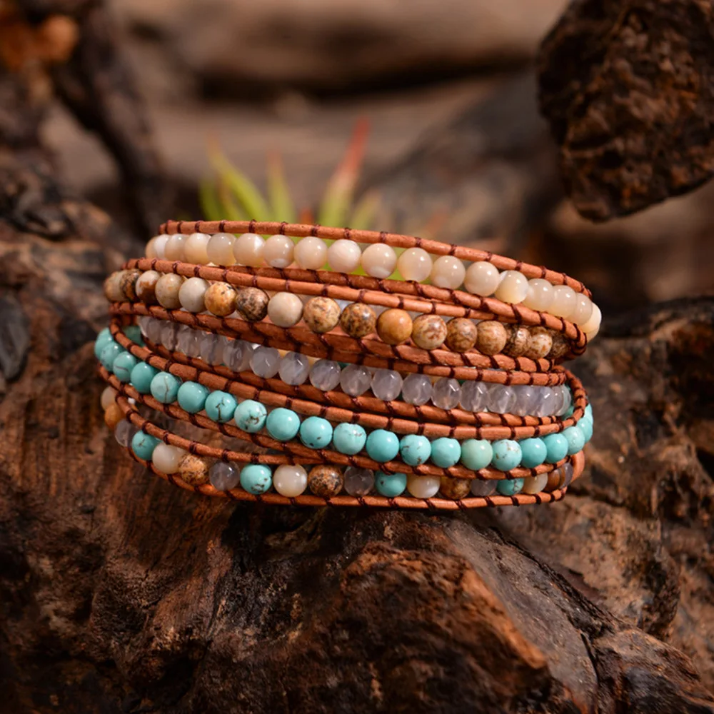 Exquisite Natural Stones Onyx Shell Beads 5 Layered Leather Wrap Bracelets Femme Boho Penta Cyclic Leather Wrap Bracelet