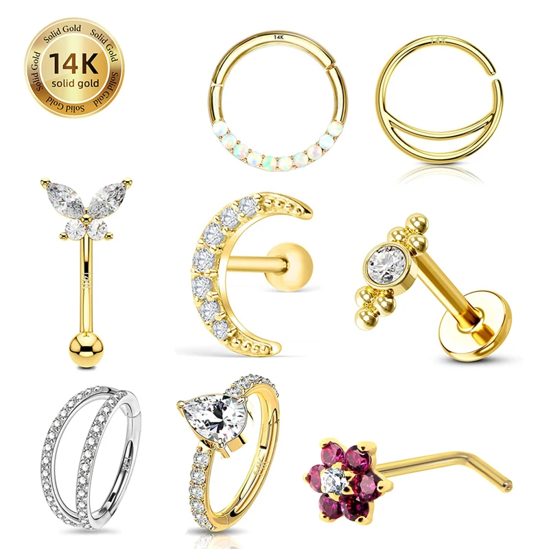 Toposh Rock 14K сплошной золотой цветок бабочка прозрачный CZ Labret хрящ козелк пупк кольцо в носу пирсинг ювелирные изделия