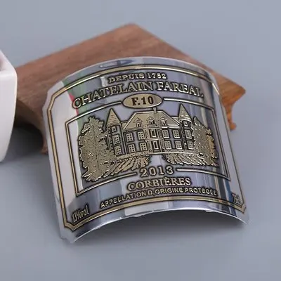 Custom 3D Metal stamping Die Cut Aluminium metal wine bottle sticker Logo with strong adhesives