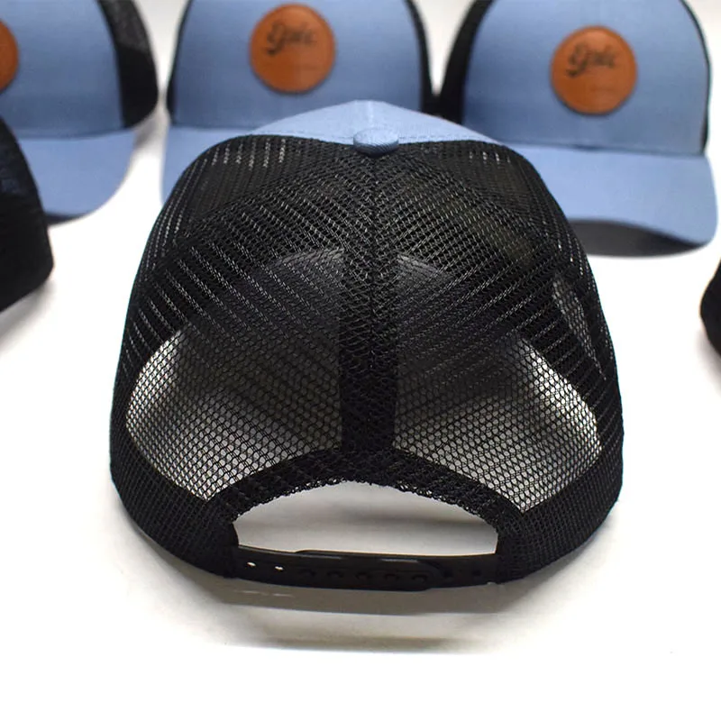 Hot Selling Brand Quality Custom Leather Patch Logo Pre Curved Brim Snap Back Gorras Mesh Baseball Sports Hat Trucker Caps