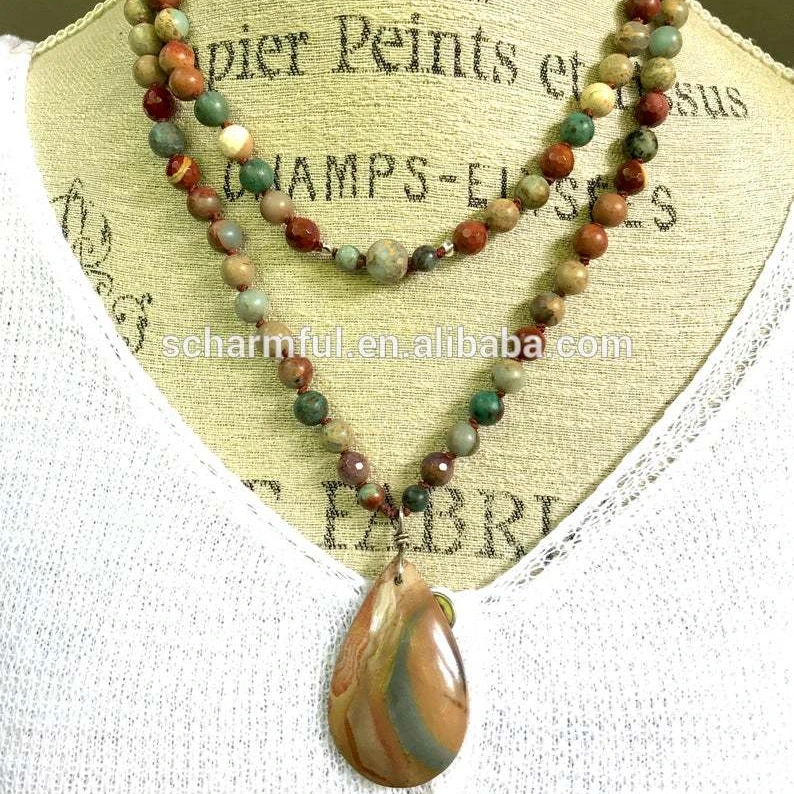 NS20051 Hand Knotted Imperial Jasper Beads Stone Necklace WIth Imperial Jasper Pendant