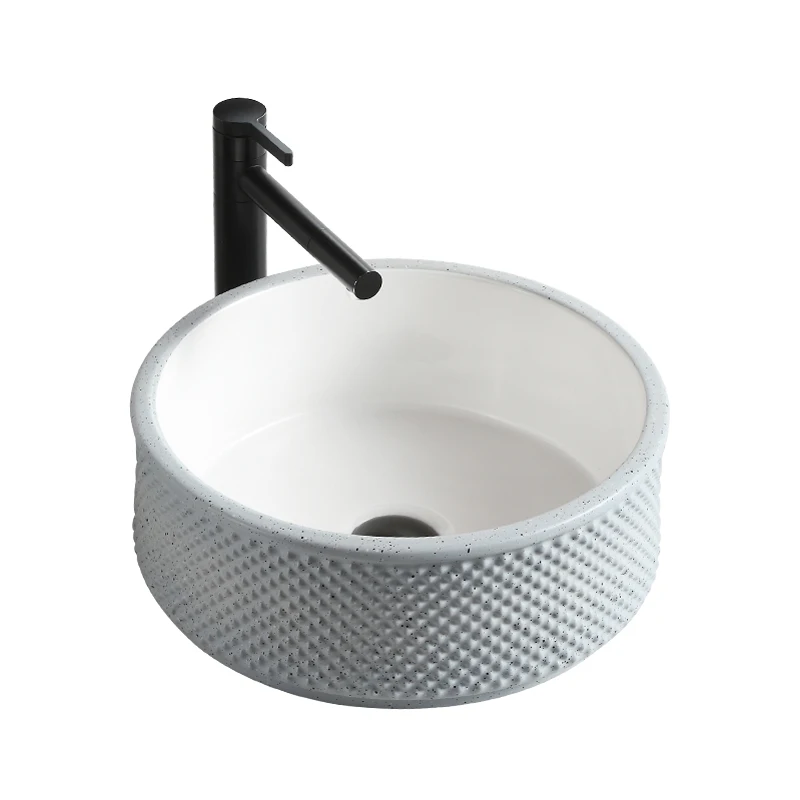 Embossed ceramic sink ronde wastafel matte blue color bathroom table top basin for restaurant