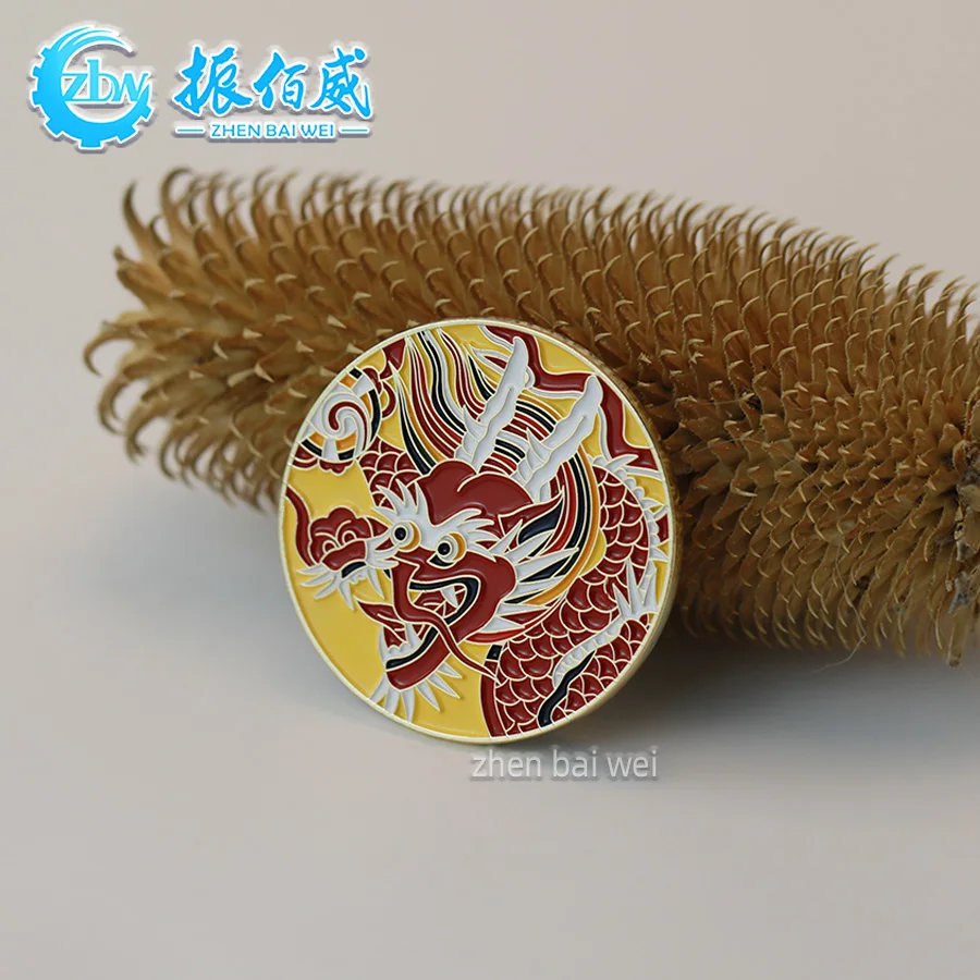 Cheap custom metal soft enamel strong magnet badge, metal gold plated round cartoon dragon year limited soft enamel badge