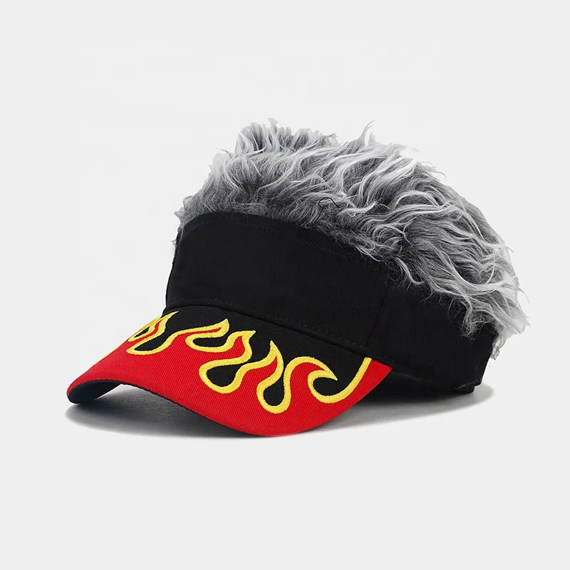 Custom Embroidery Logo Men Novelty Hair Golf Visor Sun Cap Hip Hop Adjustable Flames Wig Peaked Baseball Hat with Spiked Hairs