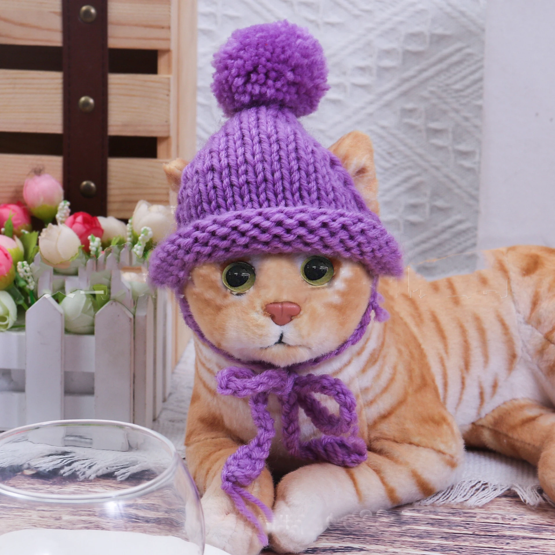 Pet colorful cute hat custom woven label logo winter knitted beanie hat with hair ball pet dog bulldog accessories plush puppy