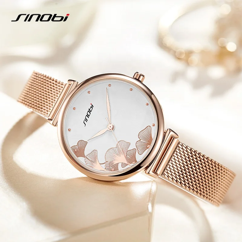 Sinobi Vintage Small Dial Women Quartz Watches Luxury Steel Bracelet Rose Gold Ladies Watch For Party Mesh Stainless Steel Band