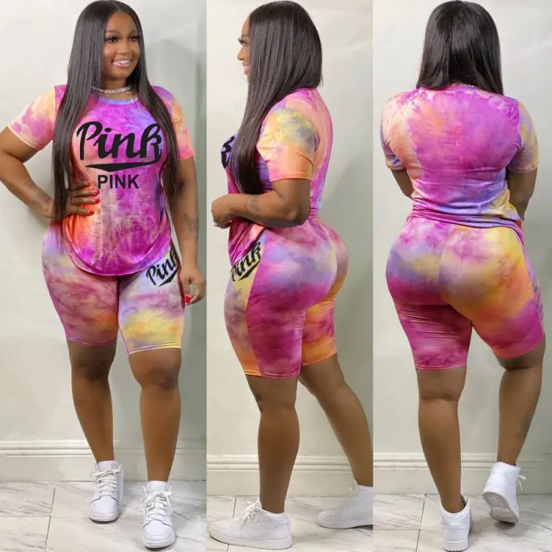 
2021 summer plus size gym biker ladies clothing tie dye casual outfits shorts set 2 piece set 