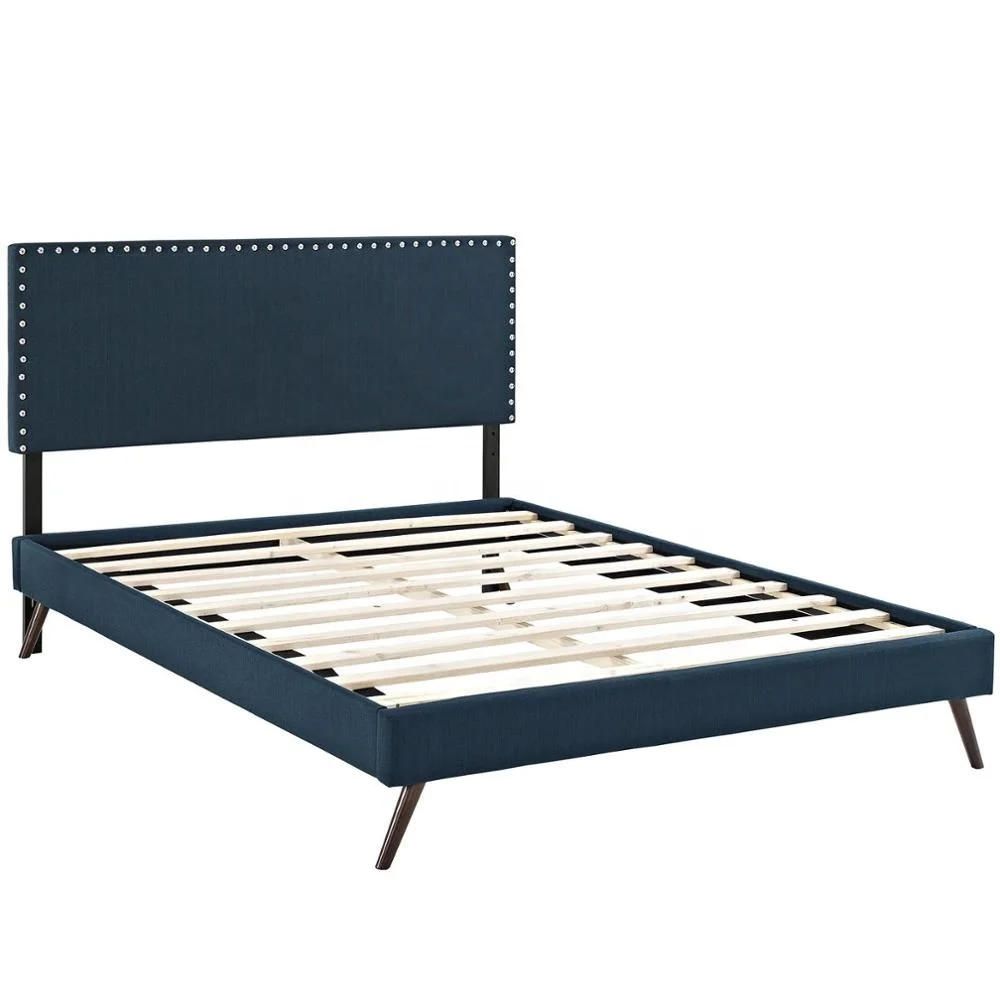 Dingzhi Home Furniture Blue Upholstered King Size Platform Bed With Nailhead Trim