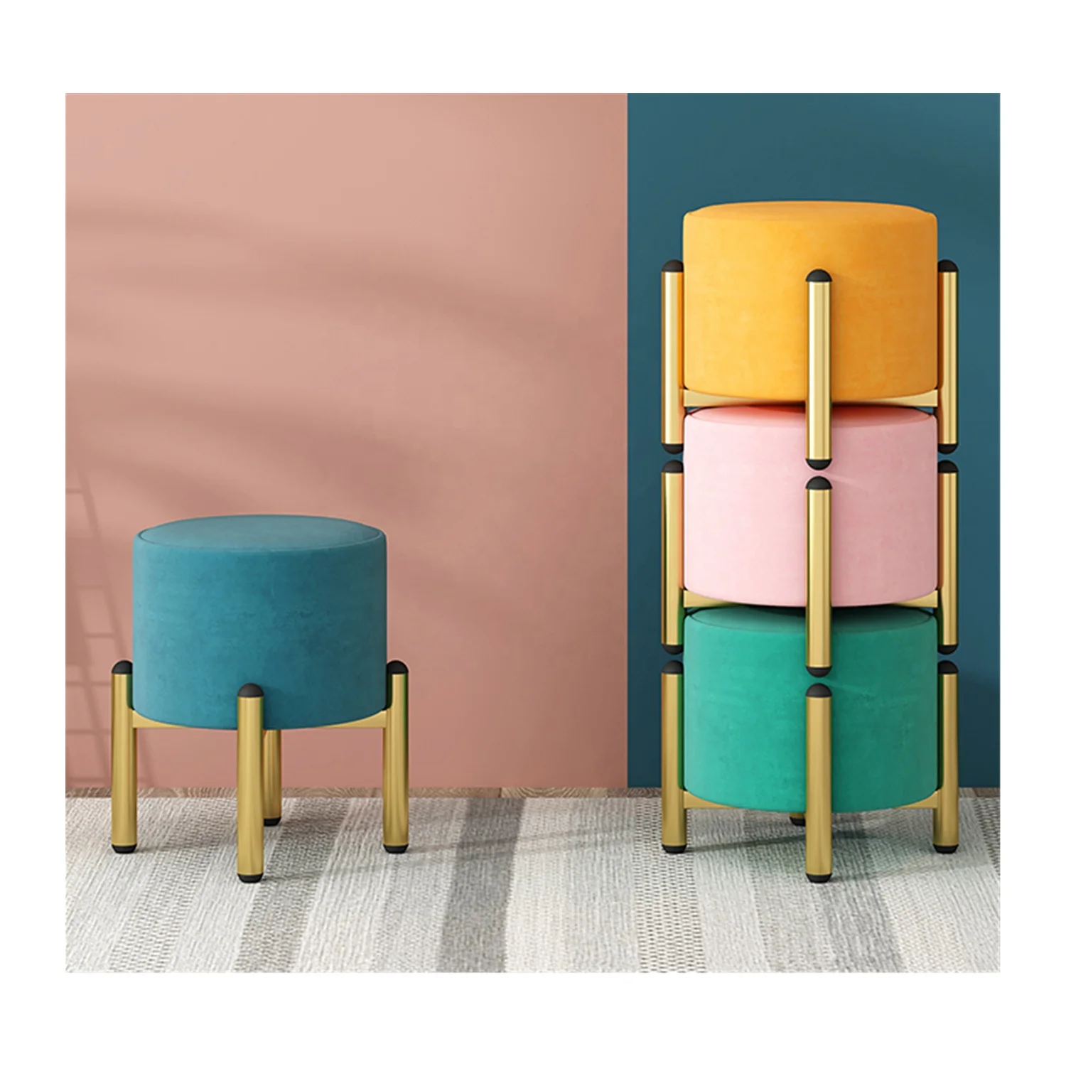 RTS Hot Sale Home Furniture Living Room Velvet Upholstered Round Footrest Stool Ottoman with Metal Legs Multifunctional  Ottoman