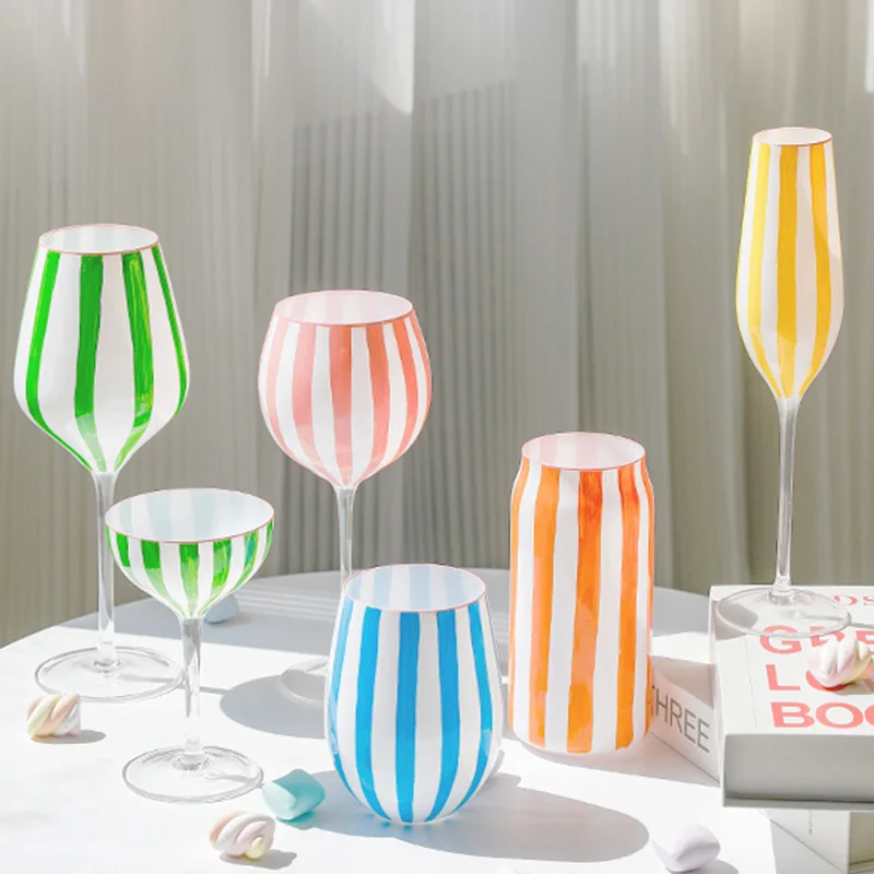 New Design Custom Handmade Crystal Hand Painted Stripes Creative Unique Coloured Wine Glasses Set