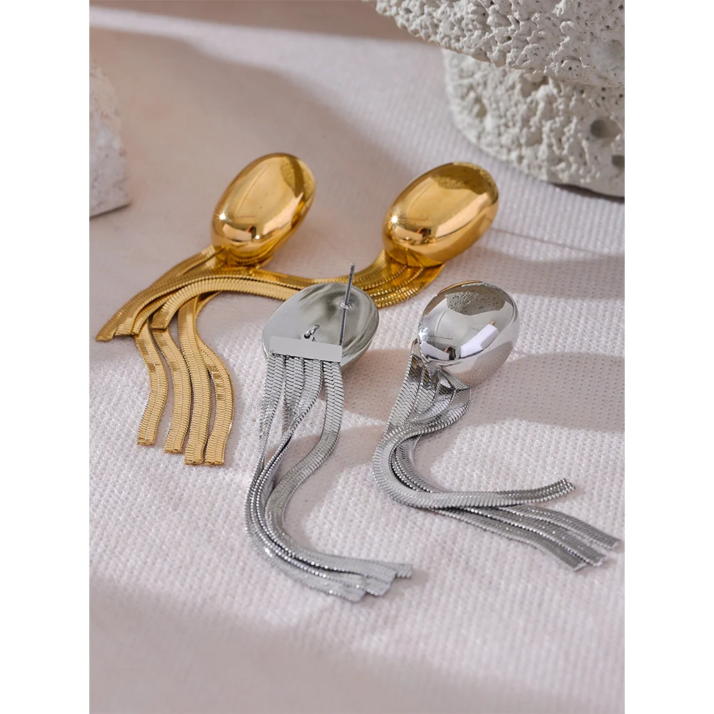 JINYOU 3129 Trendy Oval Tassel Snake Chain Long Hanging Drop Earrings Waterproof Temperament Fashion Ear Jewelry 2024