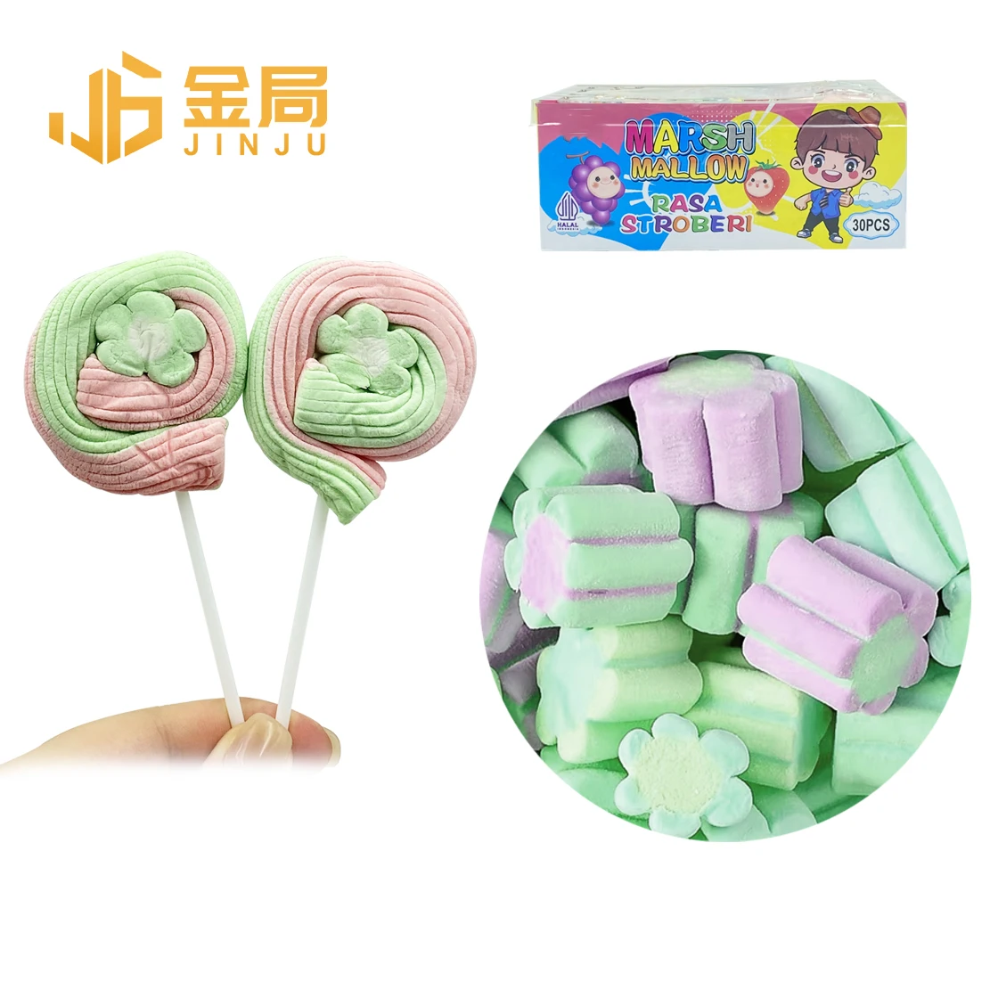 Halal marshmallow fruit tastes flower shape cotton candy lollipop mallows marshmallow candy