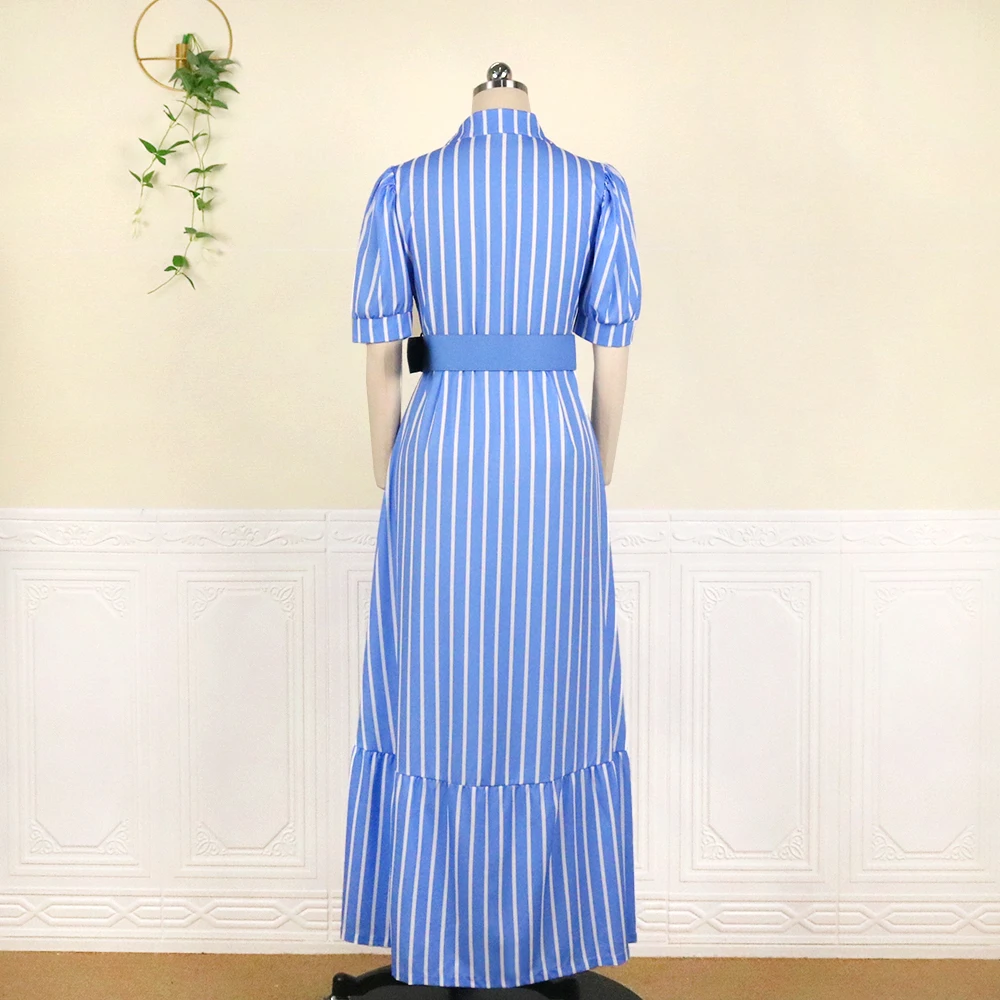 YQY6401 New Arrivals Women Summer Dress Puff Sleeve Button Up Stripe Shirt Dress Elegant Ladies Office Dress With Belt