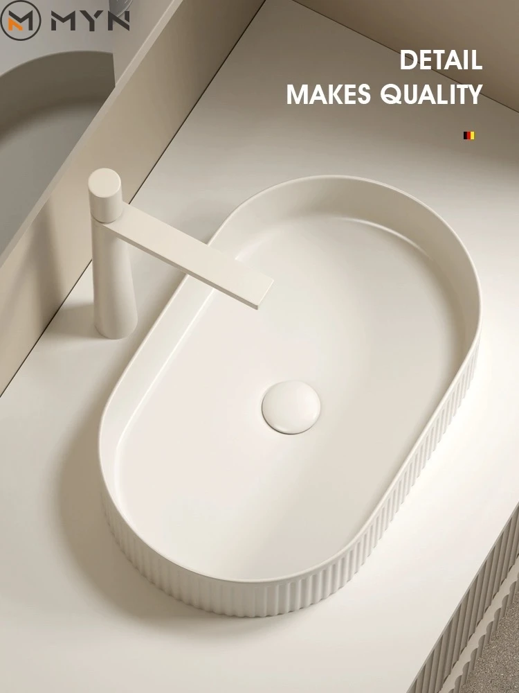 2024 Modern Design Micky White Color Ceramic Oval Round Groove Flute Shape Bathroom Art Basin Sink