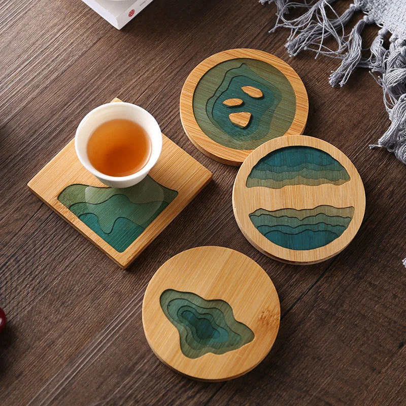 Creative Epoxy Resin Transparent Bamboo  coaster Round Tea Coaster Cup Holder Potholder Tea Set Cocina Accessories