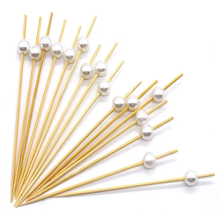 Bamboo Appetizer Skewers Cocktail Picks Handmade Bamboo Cocktail Sticks for Appetizers Fruits Desserts (White Pearls)