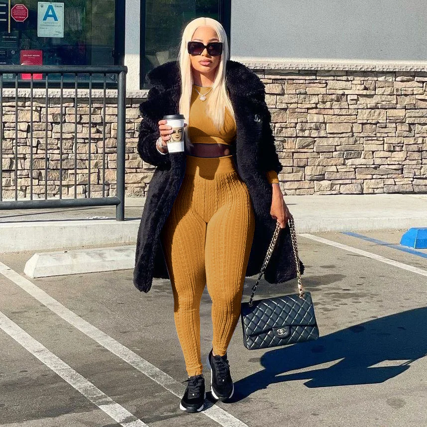 Fashion Plus Size Women Clothing Trendy Sweater Sexy Jogger Set Women Faux Fur Crop Top Tracksuit Sweatshirt Two Piece Pants Set